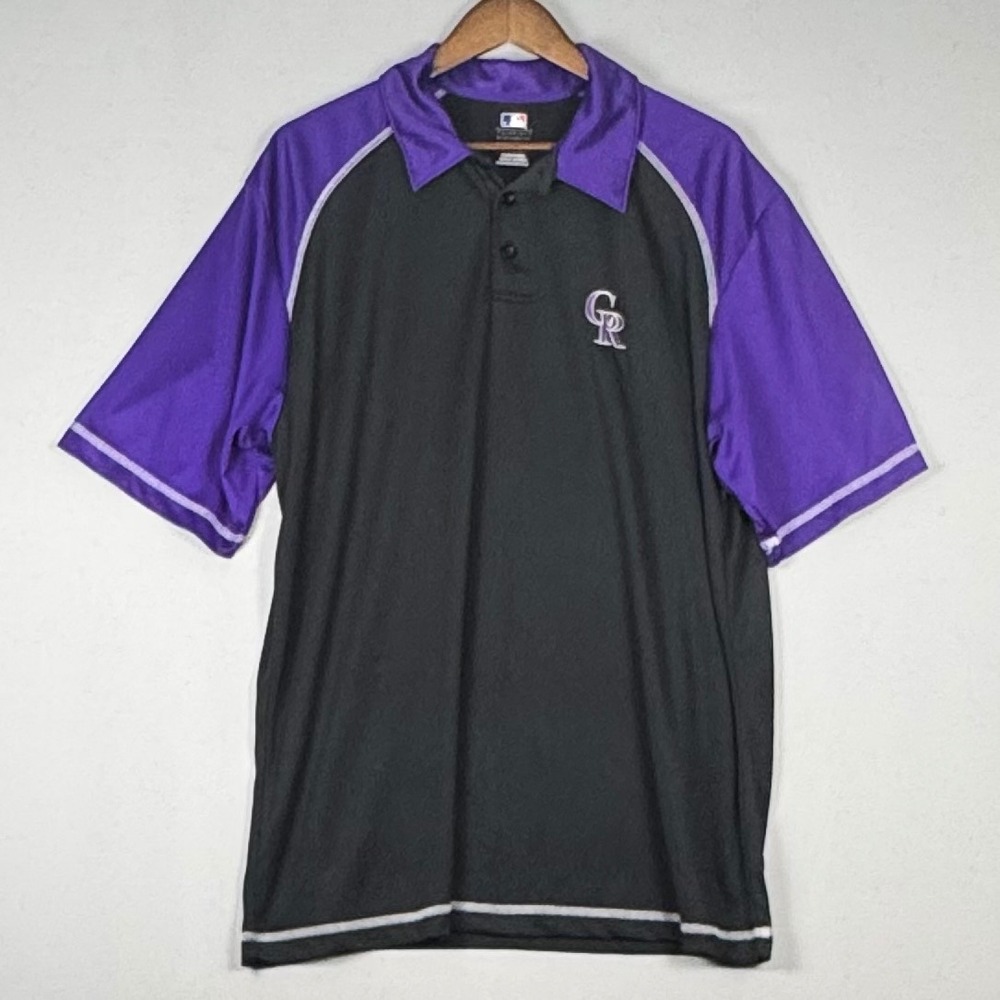MLB Colorado Rockies Polo Shirt Mens XL Black Purple Excellent Raglan Logo